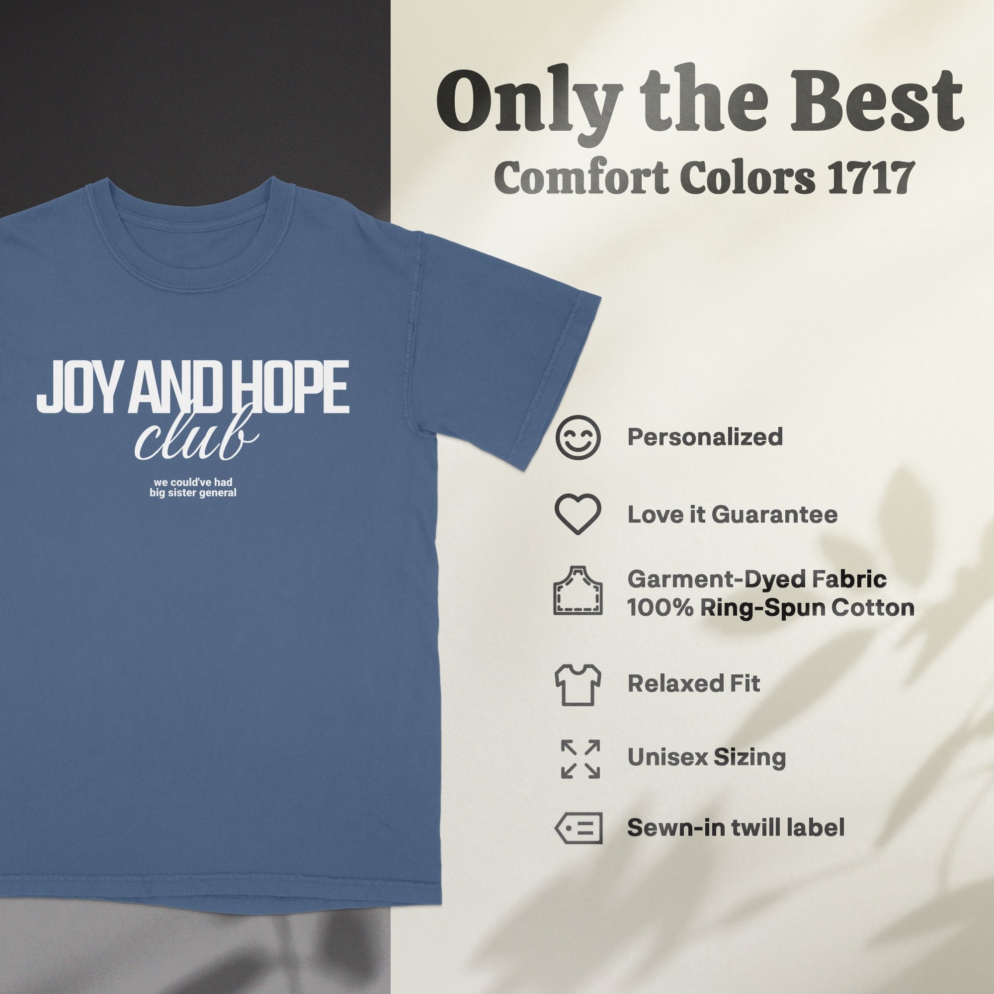 a blue t - shirt with the words joy and hope club on it